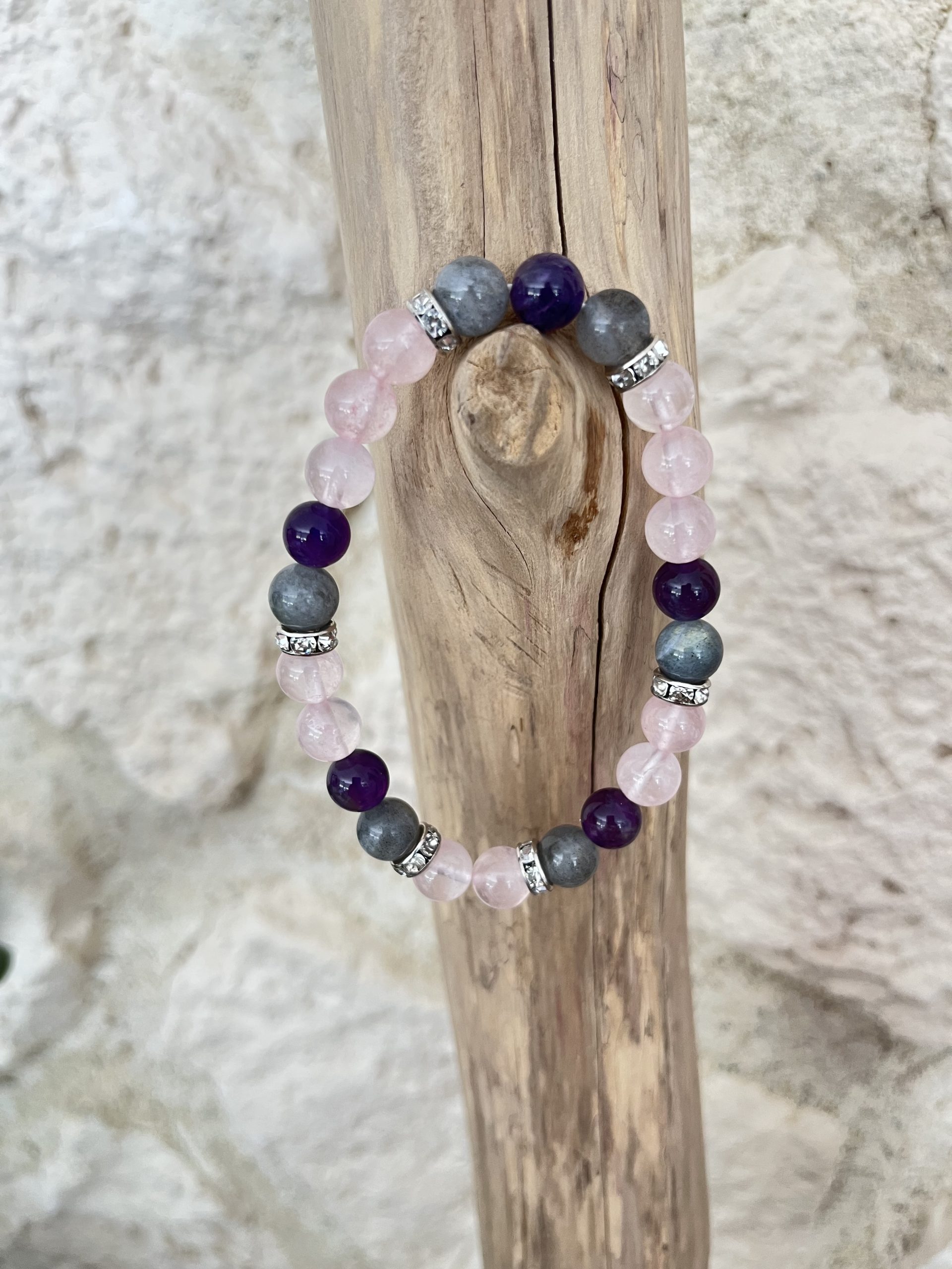 Bracelet Anti-Stress Femme en Pierres Naturelles – Améthyste, Quartz Rose & Labradorite | Équilibre Intérieur